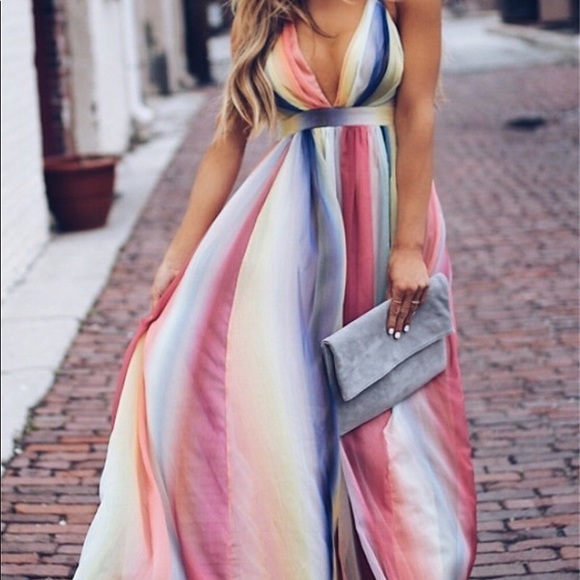 Multi Color Spaghetti Strap Maxi Cocktail Dress NWT - Picture 3 of 9